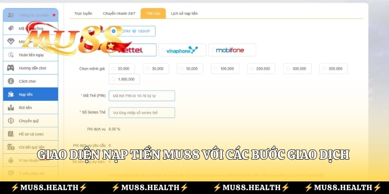 Giao diện nạp tiền Mu88 với các bước giao dịch trực tuyến